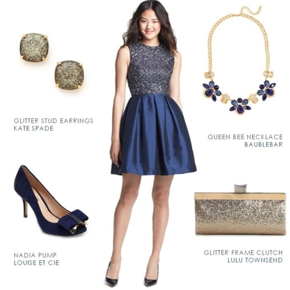 Monique‎ Lhuillier Embellished Fit and Flare Sparkle Navy Blue Tulle Cocktail 8 - Picture 1 of 15